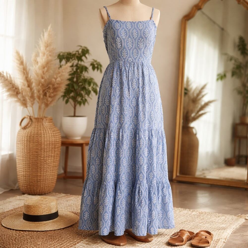 Women's Floral Lightweight Maxi Layered Detailing Sleeveless Cotton Dress Size S